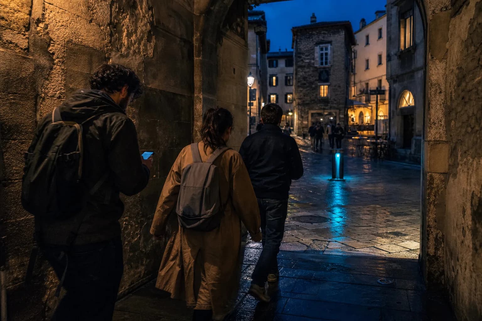 Friends following a clue through a stone passage into a city square at dusk