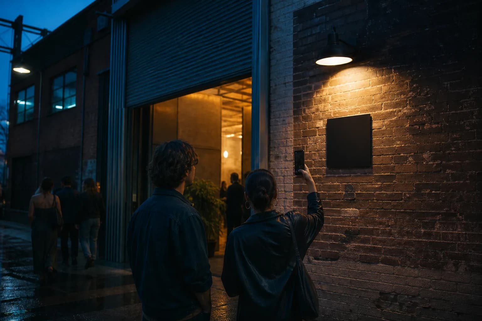 Guests arriving at a warmly lit event venue at dusk