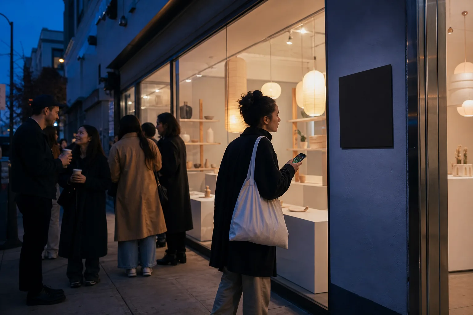 Visitors discovering a temporary storefront on a city street at dusk