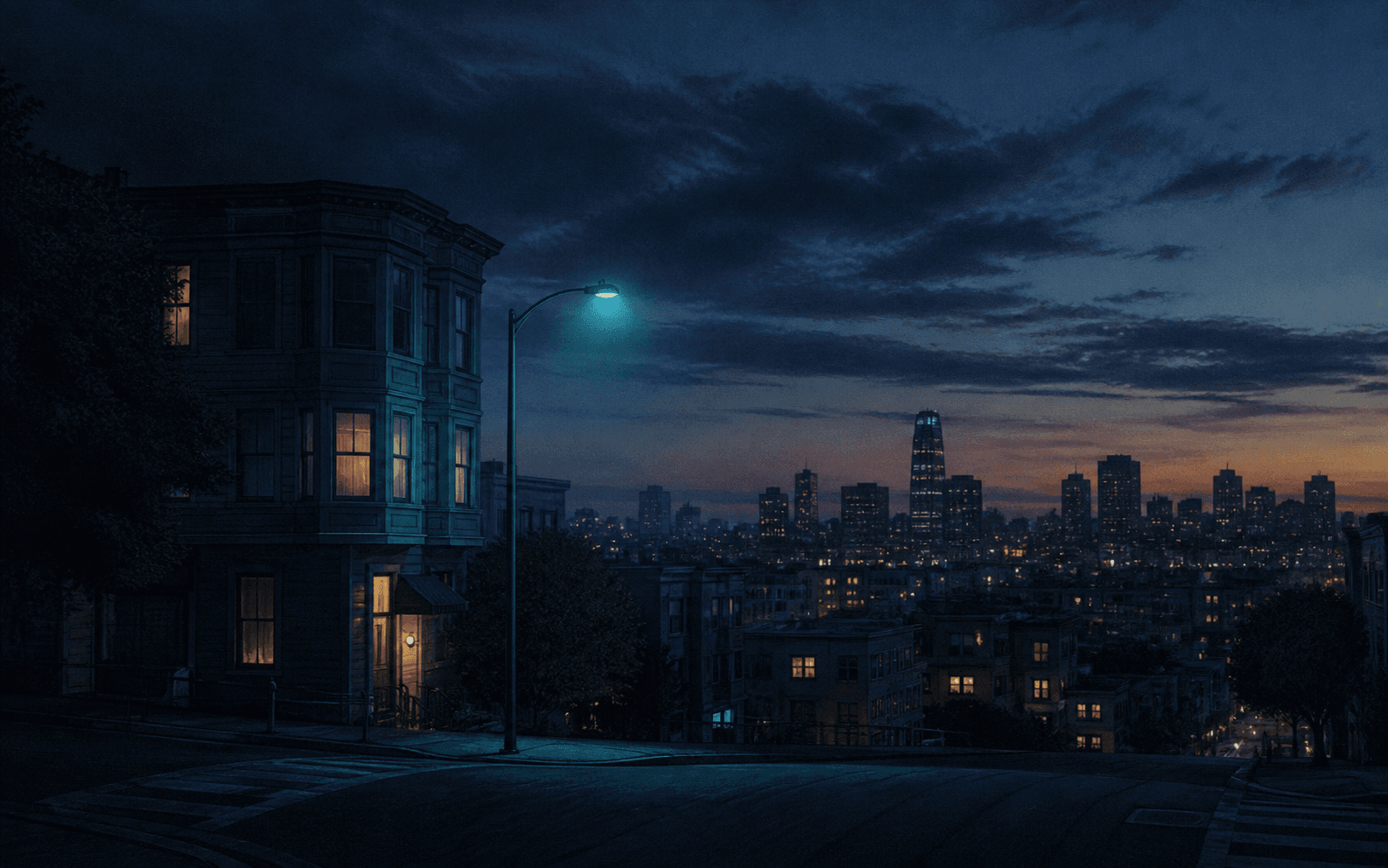 The revealed postcard: a blue-hour city skyline seen from a quiet neighborhood street